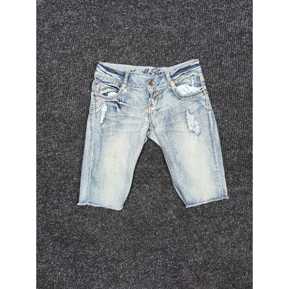 Vanilla Star Womens Distressed Denim Bermuda Shorts Light Wash Y2K Size 5